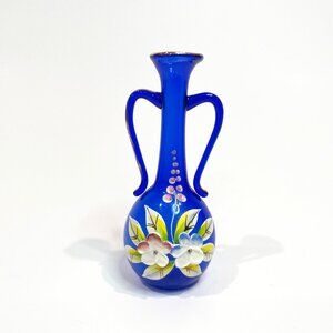 Vintage Bohemian Czech Glass Cobalt Blue Vase Hand Painted Gold Trim Floral 3"